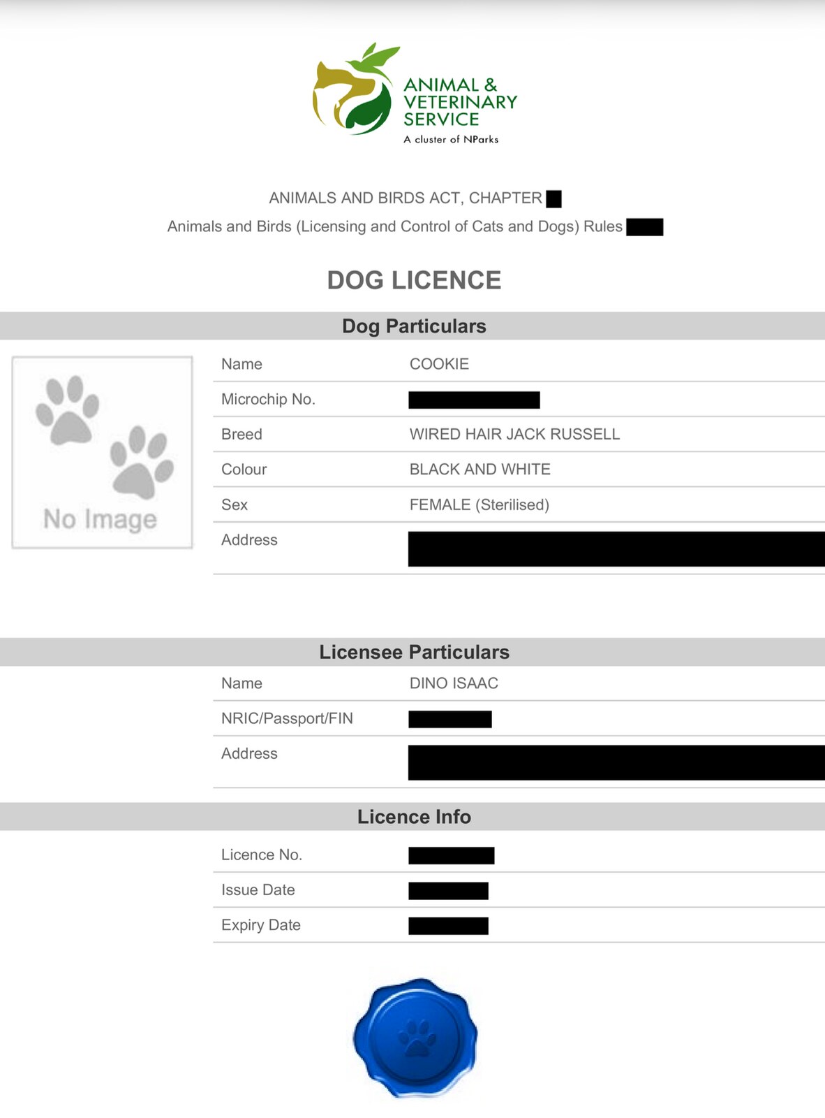 Cookie's dog licence showing Dino Isaac as the registered owner