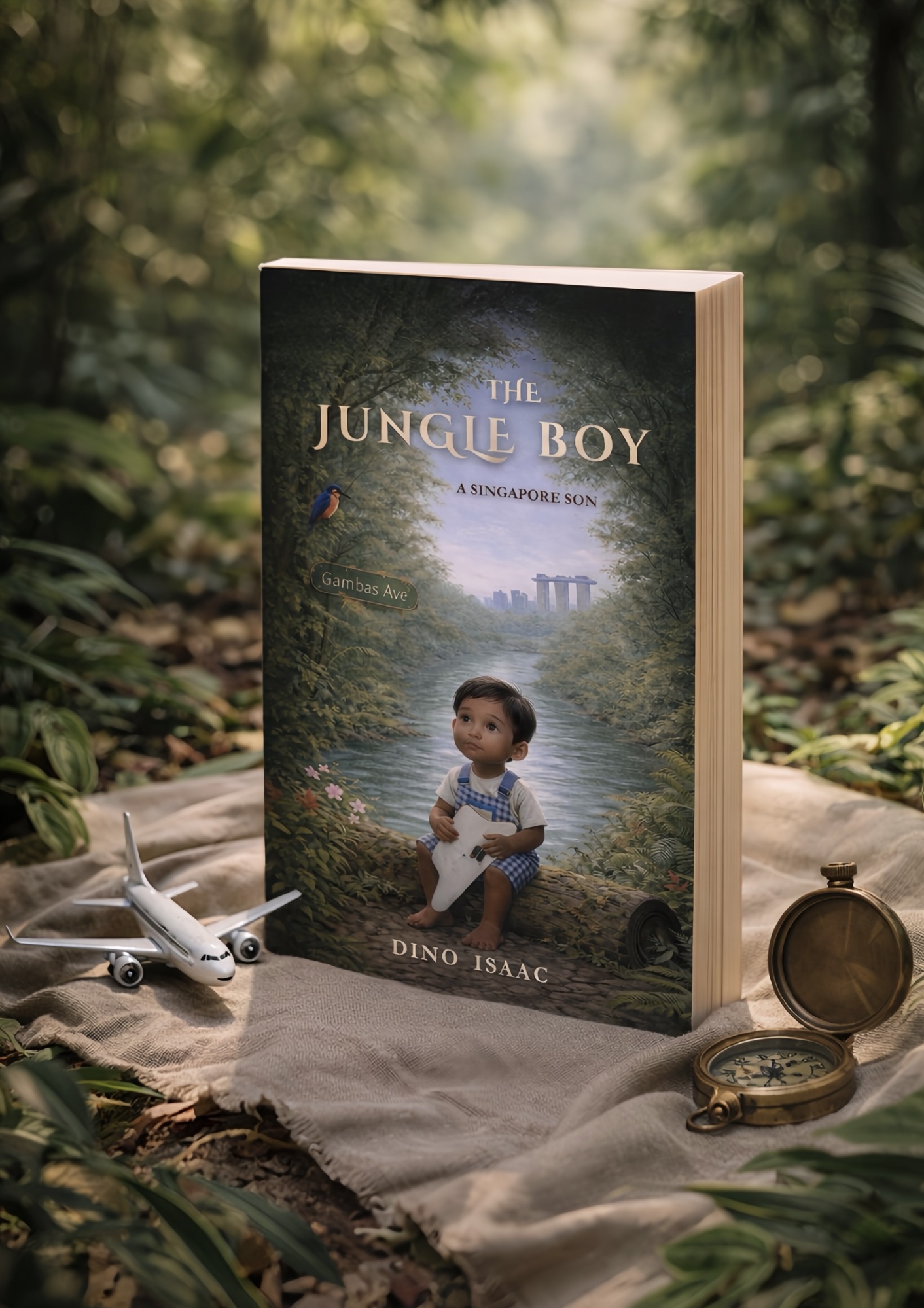 The Jungle Boy: A Singapore Son — printed book standing on a cloth in the jungle